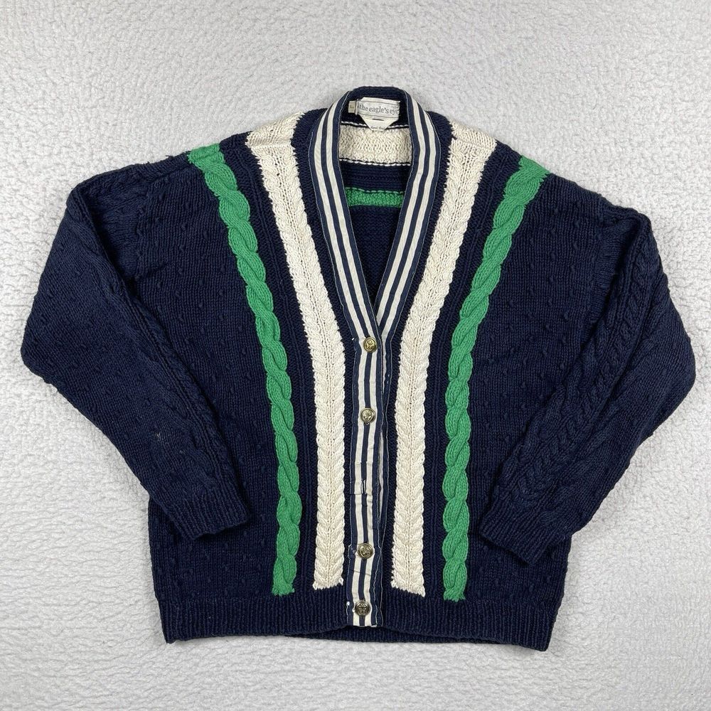 The Eagles Eye Sweater Womens Large Navy Blue Hand Knit‎ Cable Cardigan